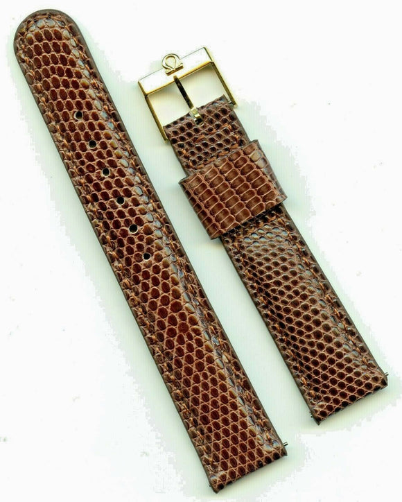 Brown 19mm Genuine Lizard MB Strap Band Leather & Vintage Gold Omega Buckle