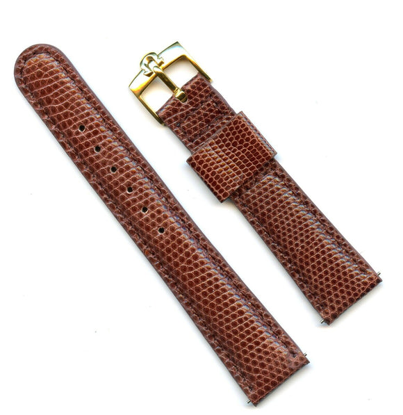 Brown19mm Genuine Lizard MB Strap Band Leather & Traditional Gold Omega Buckle