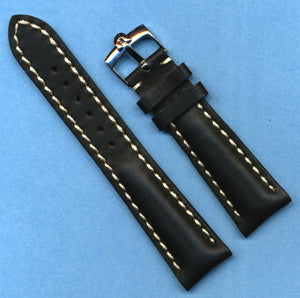 19mm GEN. BLACK LEATHER VERY PADDED MB BAND STRAP & GENUINE OMEGA STEEL BUCKLE