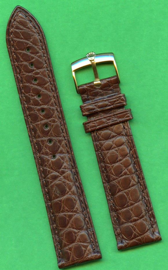 GENUINE ALLIGATOR BROWN 20mm STRAP LEATHER LINED & GENUINE ROLEX GOLD BUCKLE