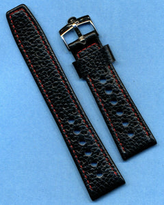 20mm GENUINE LEATHER RALLY BLACK RACING STRAP BAND RED STITCHING & OMEGA BUCKLE