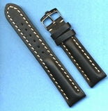 22mm GEN. BLACK LEATHER MB STRAP BAND WHITE STITCH PADDED & STEEL ROLEX BUCKLE