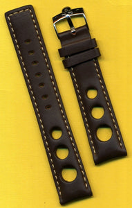 20mm GENUINE DARK BROWN SPANISH LEATHER RALLY RACING BAND STRAP & OMEGA BUCKLE