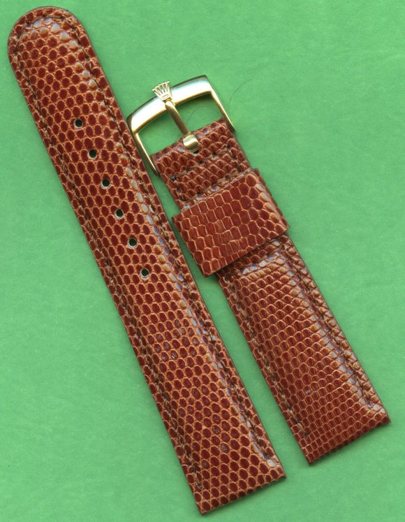 Brown 20mm Genuine Lizard MB Strap Band Leather Lined & Rolex Gold Plate Buckle