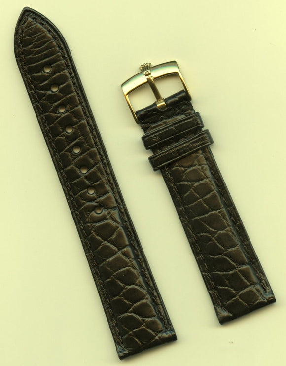 GENUINE ALLIGATOR STRAP BLACK LEATHER LINED 19mm & GENUINE ROLEX GOLD BUCKLE