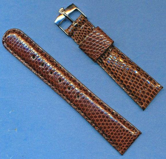 New 19mm Brown Genuine Lizard MB Strap Tang Leather Lined & Rolex Steel Buckle
