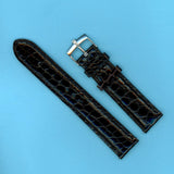 GEN. ALLIGATOR BLACK STRAP BAND 20mm EXTRA LONG & GENUINE TUDOR STEEL BUCKLE