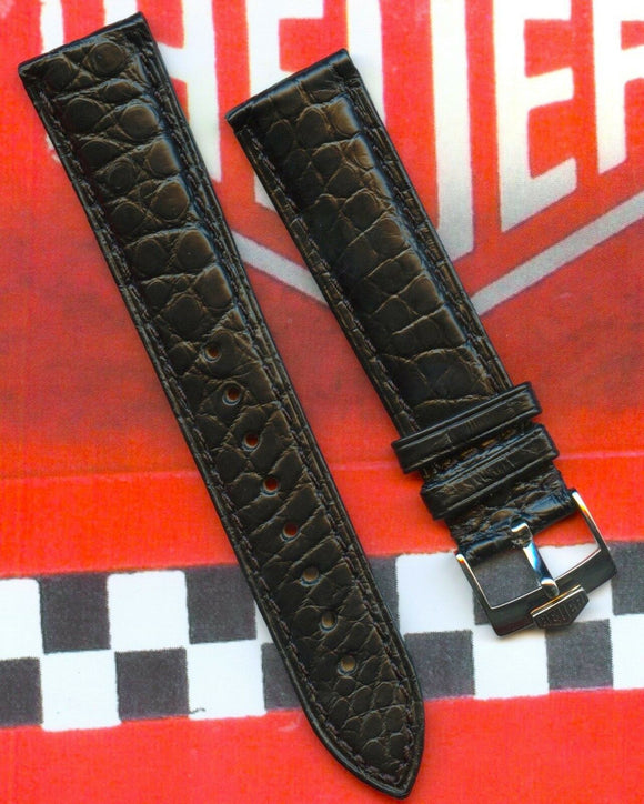 GENUINE ALLIGATOR BLACK STRAP 20mm EXTRA LONG & GENUINE TAG HEUER STEEL BUCKLE