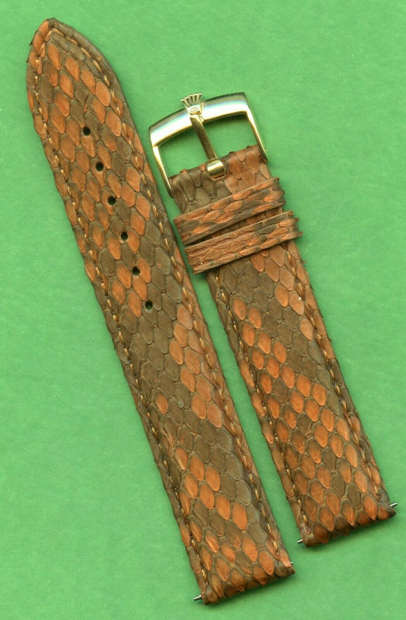 18mm Brown Genuine Snake Skin MB Strap Band Leather Lined & Rolex Gold Buckle