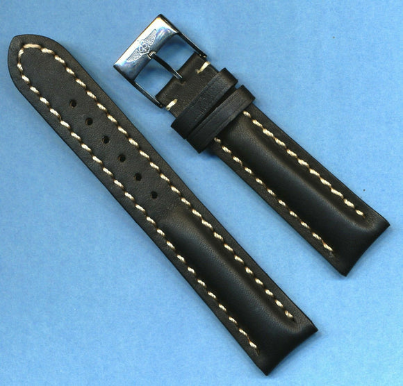 20mm GENUINE BLACK LEATHER MB STRAP WHITE STITCHING PADDED & BREITLING BUCKLE