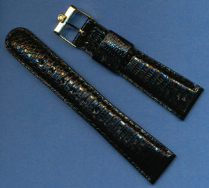 Black 18mm Genuine Lizard MB Strap Leather Lined & Vintage Gold Omega Buckle