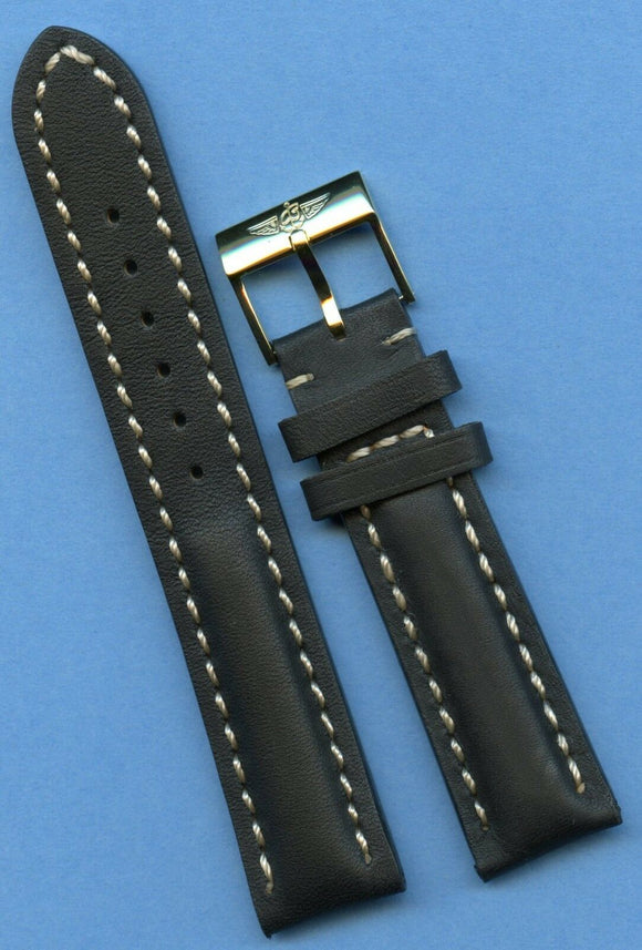 20mm GENUINE BLACK LEATHER MB STRAP BAND PADDED & GOLD TONE BREITLING BUCKLE