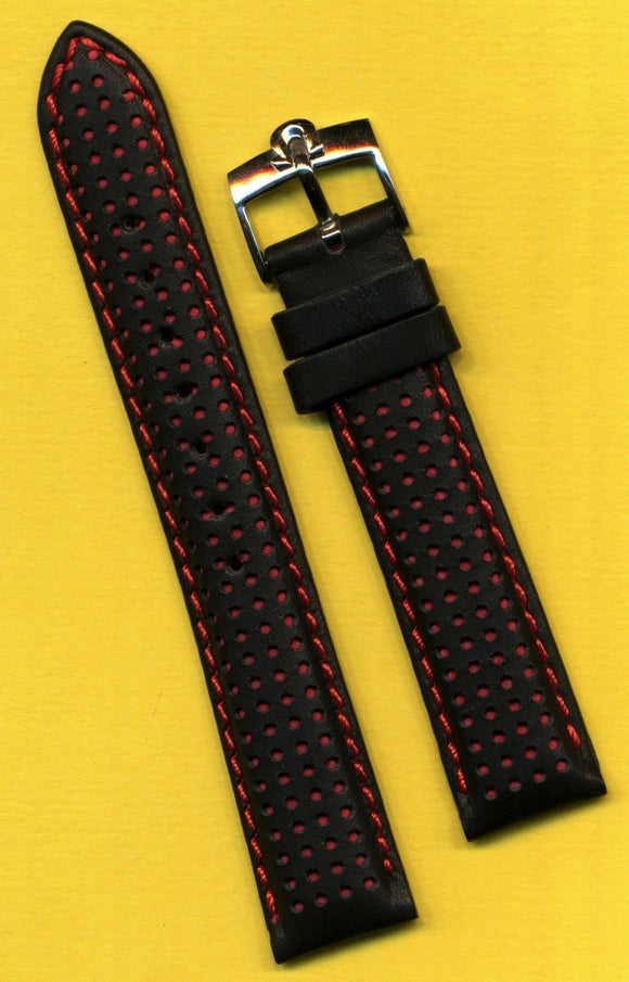 Black Red Rally Racing Perforated Leather MB Strap 18mm or 20mm and Omega Buckle