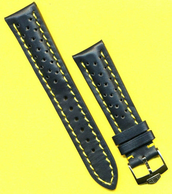 Blue Rally Perforated Leather MB Strap Yellow Stc, 20 22mm, Pre TAG Heuer Buckle