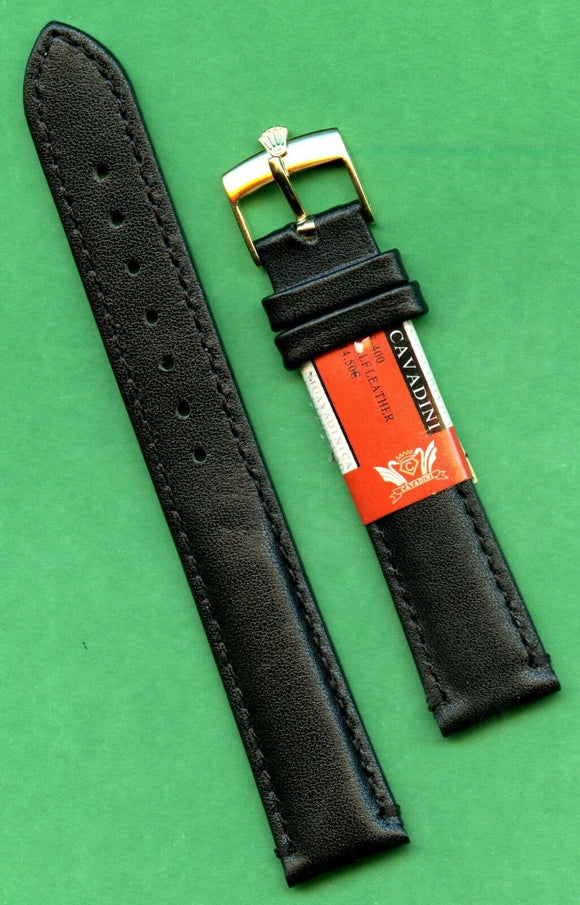 GENUINE BLACK CALF LEATHER CAVADINI STRAP 18mm 19mm 20mm & ROLEX GOLD BUCKLE