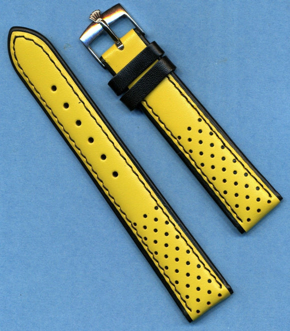Yellow & Black Rally Racing Perforated Leather MB Strap 18mm 20mm & Rolex Buckle