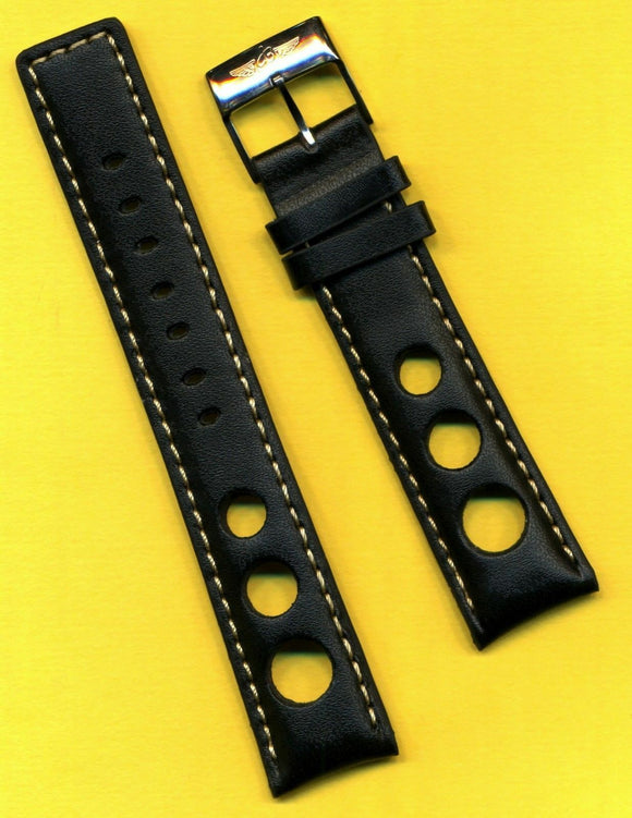 20mm GENUINE BLACK SPANISH LEATHER RALLY RACING BAND STRAP & BREITLING BUCKLE
