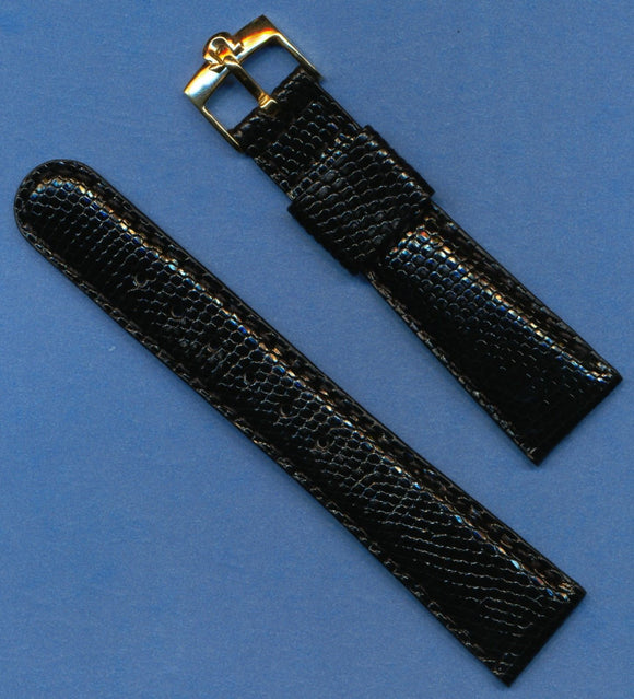 New Black 22mm Retro Genuine Lizard MB Strap Band & Gold Plated Omega Buckle