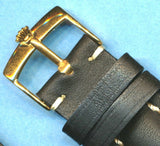 20mm GENUINE BLACK LEATHER MB STRAP BAND WHITE STITCH PADDED & GOLD ROLEX BUCKLE