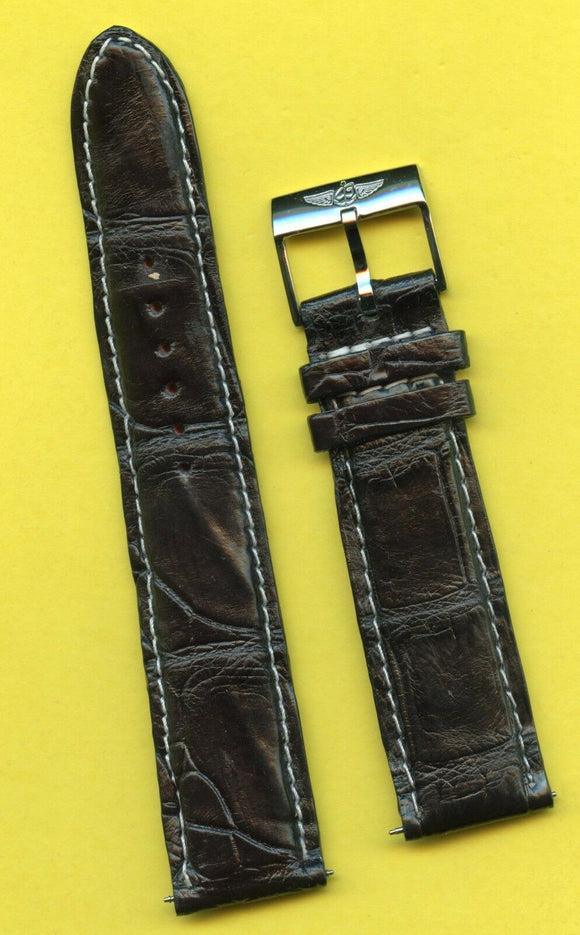 BROWN 22mm GENUINE CROCODILE MB STRAP WHITE STITCH PADDED & BREITLING BUCKLE