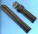 19mm GENUINE LEATHER MB STRAP BLACK & WHITE STITCHING PADDED & GOLD ROLEX BUCKLE