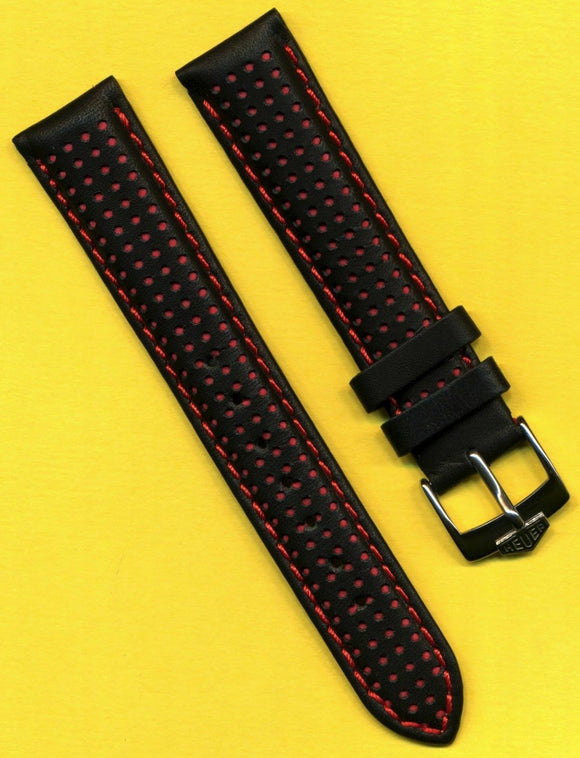 Black Red Rally Perforated Leather MB Strap 18mm 20mm and Pre TAG Heuer Buckle