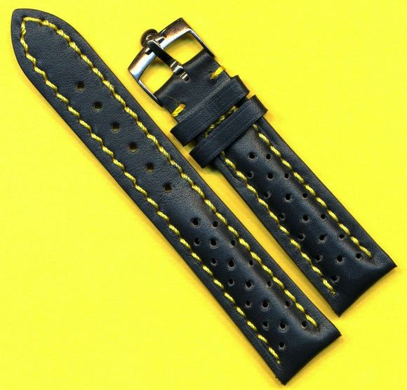 Blue Rally Perforated Leather MB Strap Yellow Stitch, 20mm 22mm & Omega Buckle