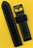 20mm GENUINE PERFORATED LEATHER RALLY RACING BLACK STRAP WHITE BREITLING BUCKLE