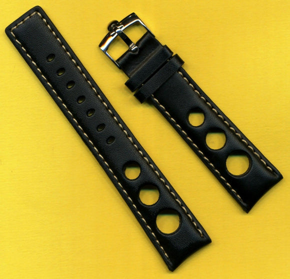 20mm GENUINE BLACK SPANISH LEATHER RALLY RACING BAND STRAP & OMEGA BUCKLE