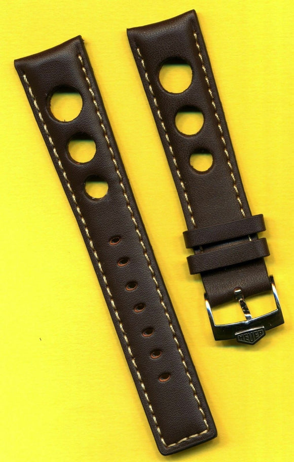 20mm DARK BROWN SPANISH LEATHER RALLY RACING BAND STRAP & PRE TAG HEUER BUCKLE